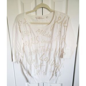 Guess M Women's Sweater World Cities Beige & Gold Round Neck Half Slv